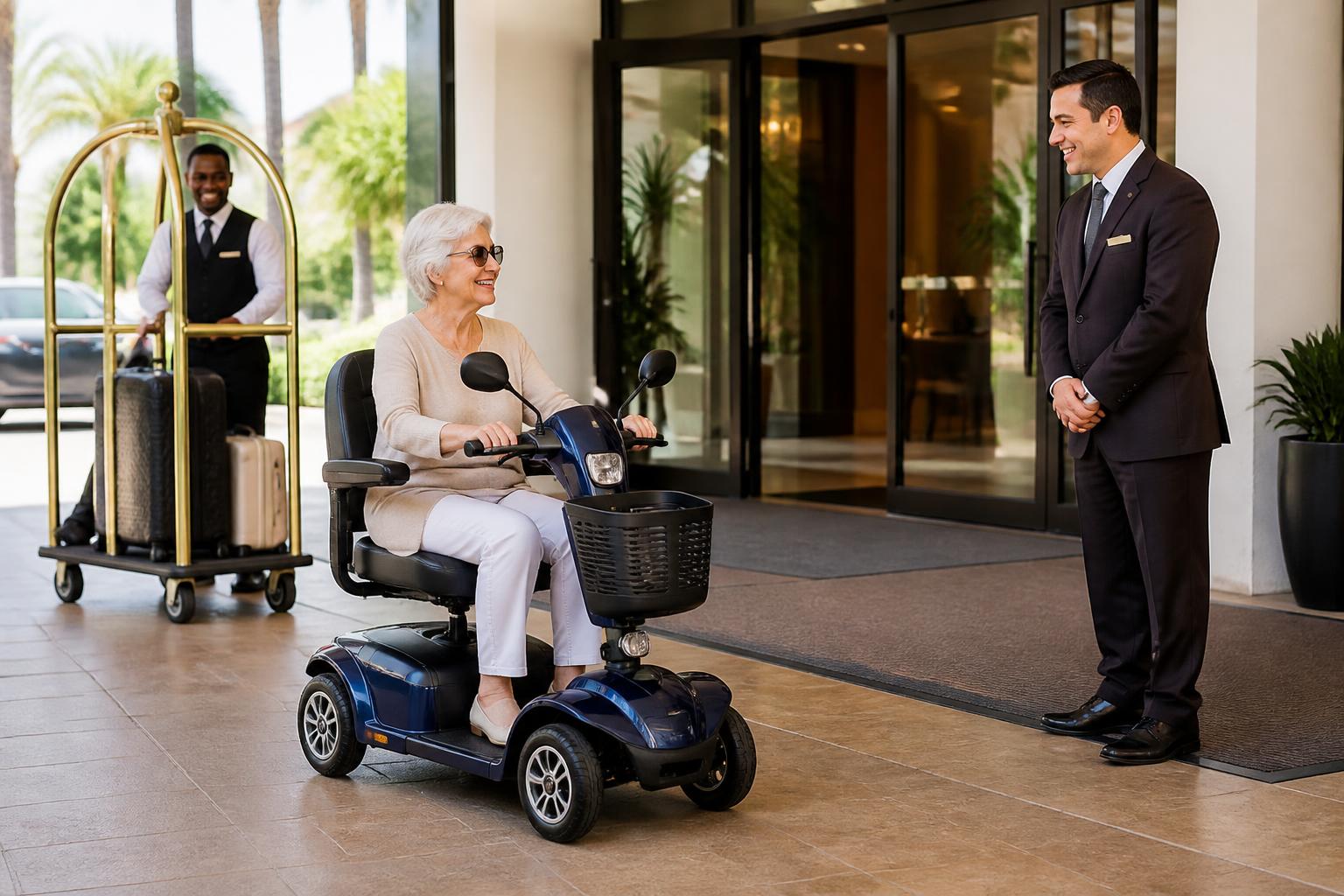 A guest on a modern 4-wheel seated electric mobility scooter arriving at a Los Angeles hotel